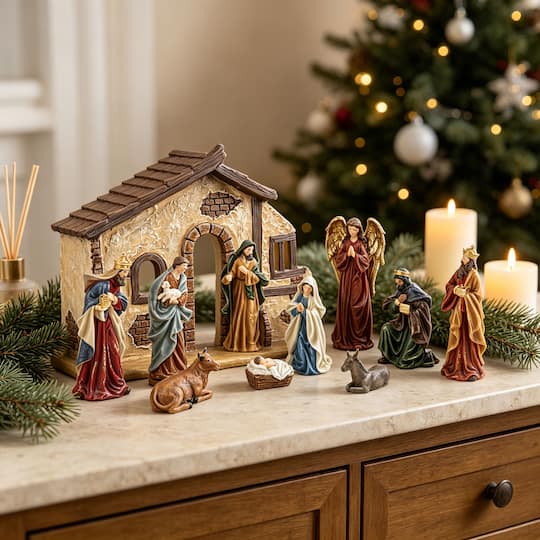 Glitzhome® 11.5" Resin Christmas Nativity Scene Stable Creche
